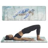 Watercolor blue sea turtle yoga mat. Woman doing yoga with the mat.