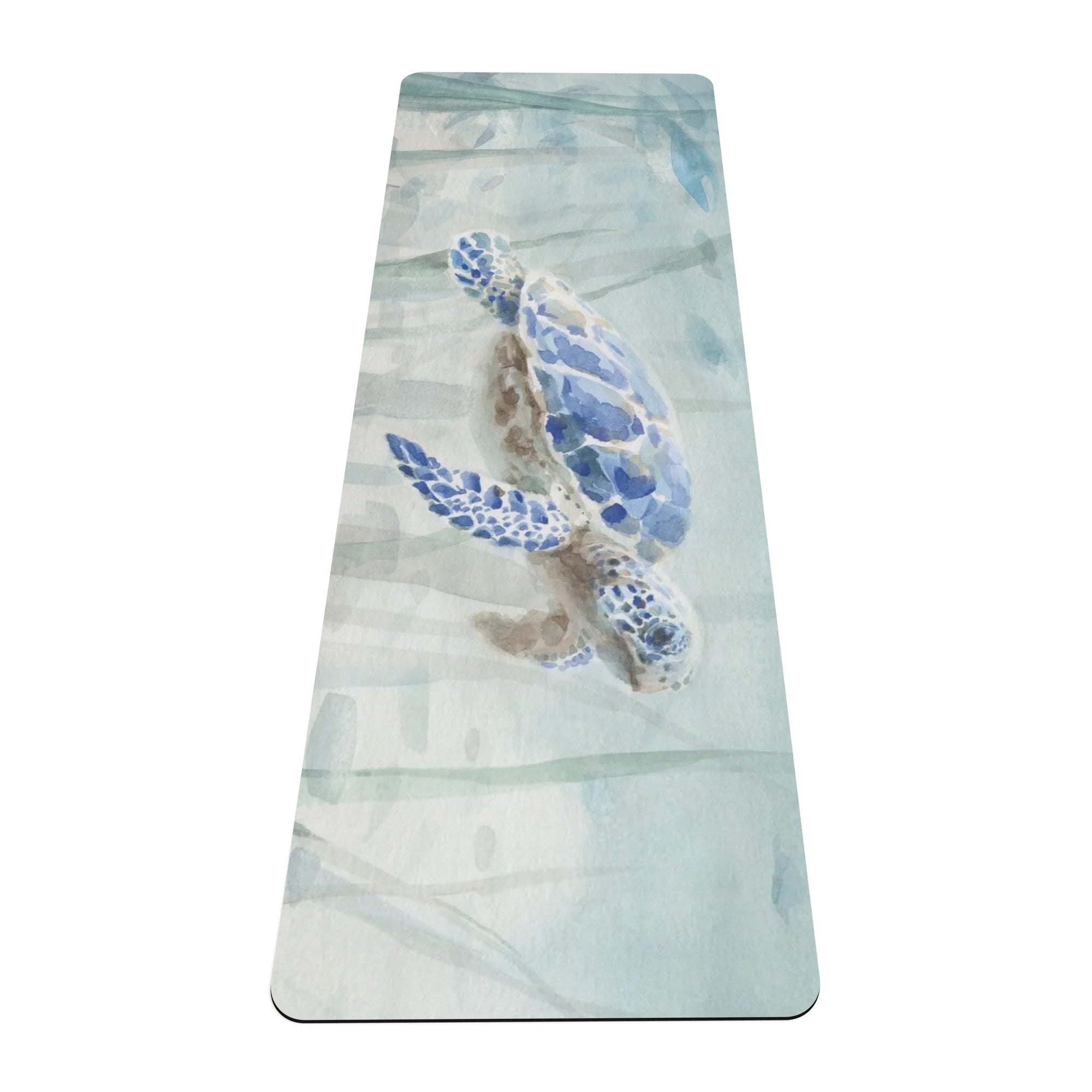 Watercolor blue sea turtle yoga mat, non-slip surface for pilates and exercise.