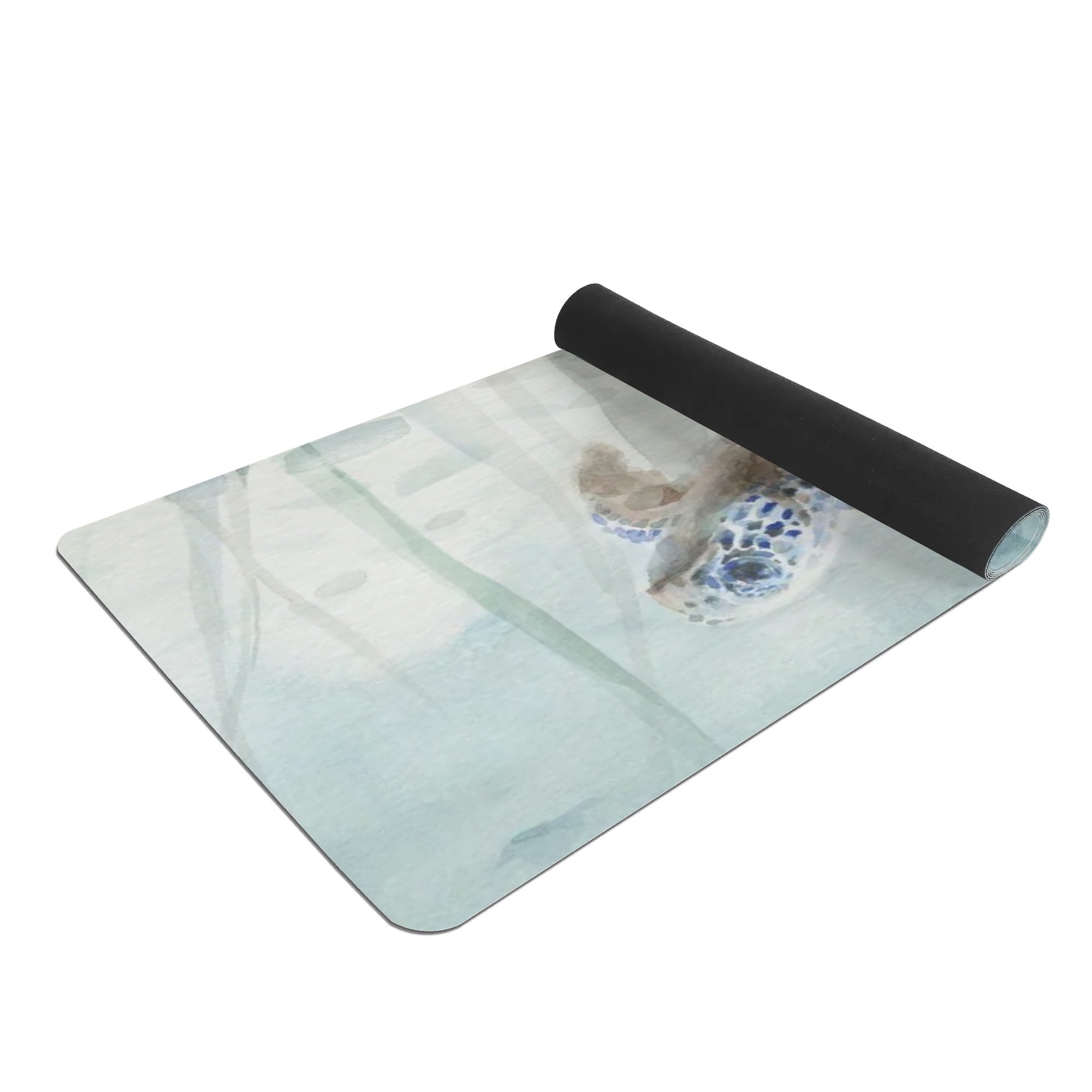 Watercolor blue sea turtle yoga mat, non-slip surface for pilates and exercise. 4mm thick.