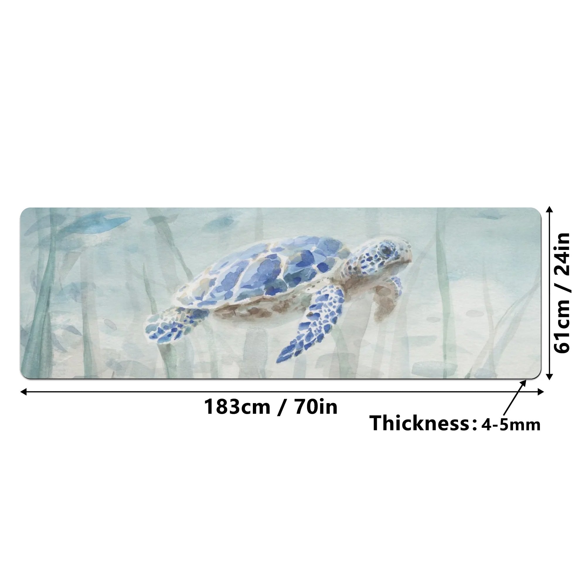 Watercolor blue sea turtle yoga mat, 183cm x 61cm, 4-5mm thick, non-slip surface