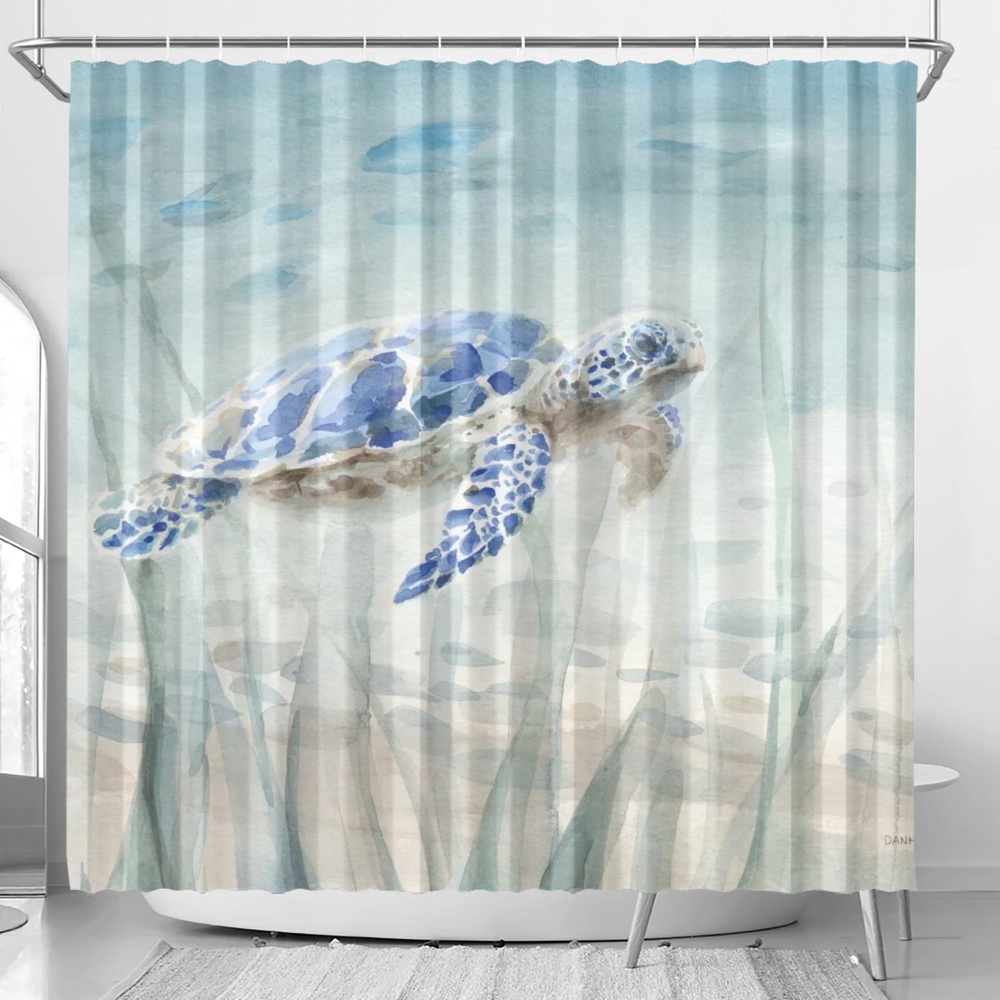Sea Turtle Shower Curtain, Teal Blue Ocean Beach Coastal Bathroom Curtain