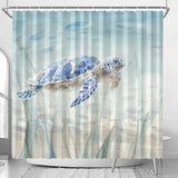 Sea Turtle Shower Curtain, Teal Blue Ocean Beach Coastal Bathroom Curtain
