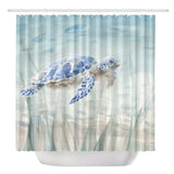 Sea Turtle Shower Curtain, Teal Blue Ocean Watercolor Coastal Bathroom Decor