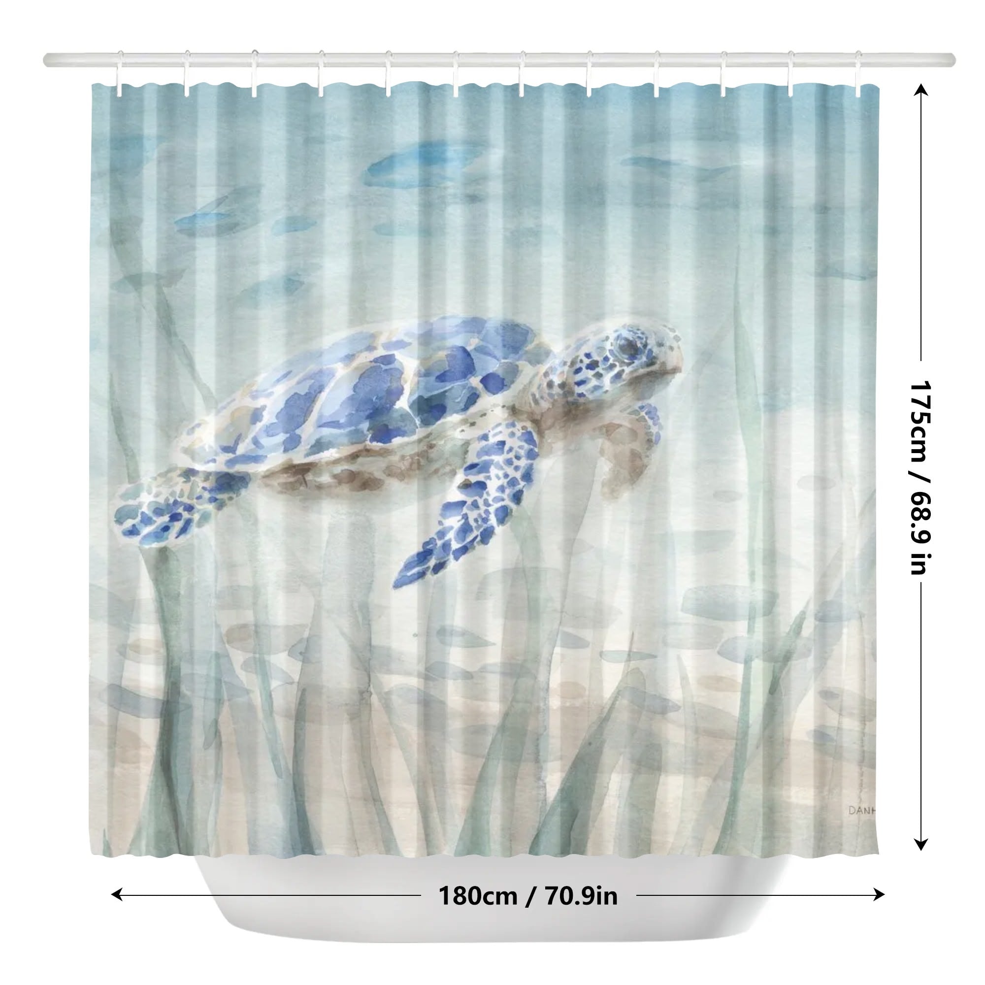 Teal blue watercolor sea turtle shower curtain, ocean beach bathroom decor