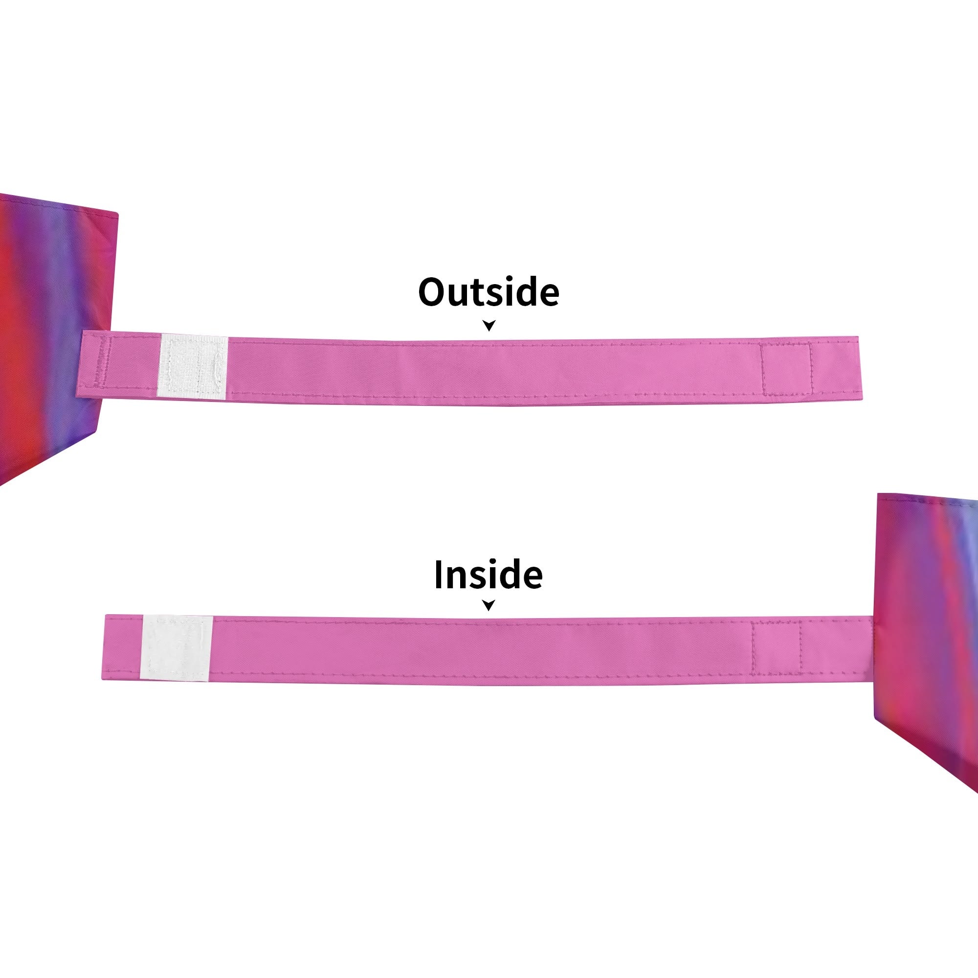 Pink windproof umbrella fabric with 'Outside' and 'Inside' labels and velcro closure for compact storage.