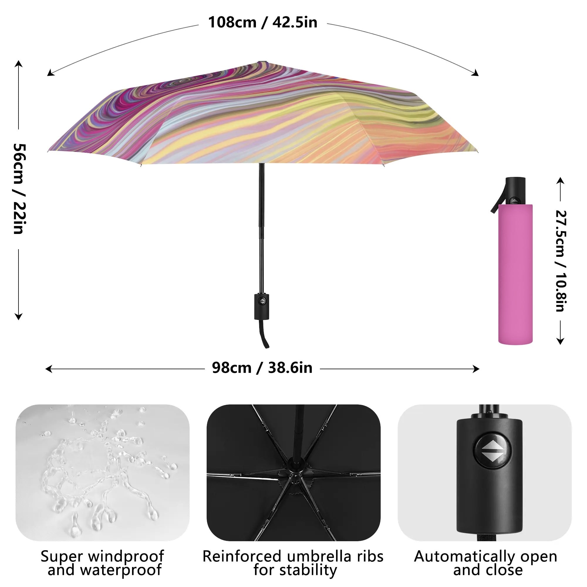 Windproof travel umbrella with colorful abstract art design, automatic open/close, and reinforced ribs for stability.