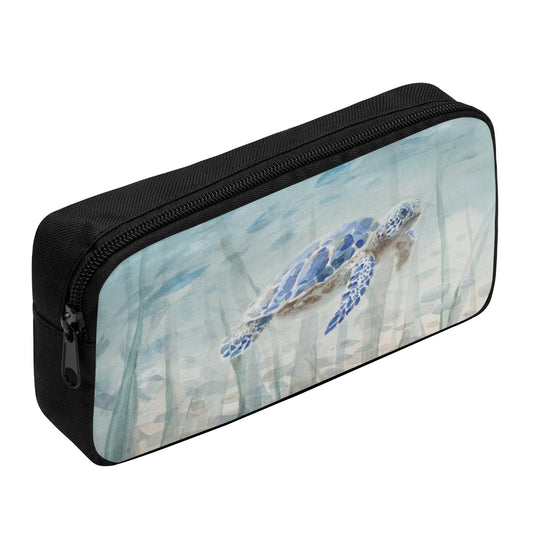 Large capacity pencil pouch with a blue watercolor sea turtle design, black zipper, perfect for school or office.