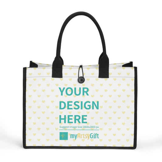 Customizable canvas tote bag with heart pattern and black handles, perfect for women and families.