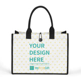 Customizable canvas tote bag with heart pattern and black handles, perfect for women and families.