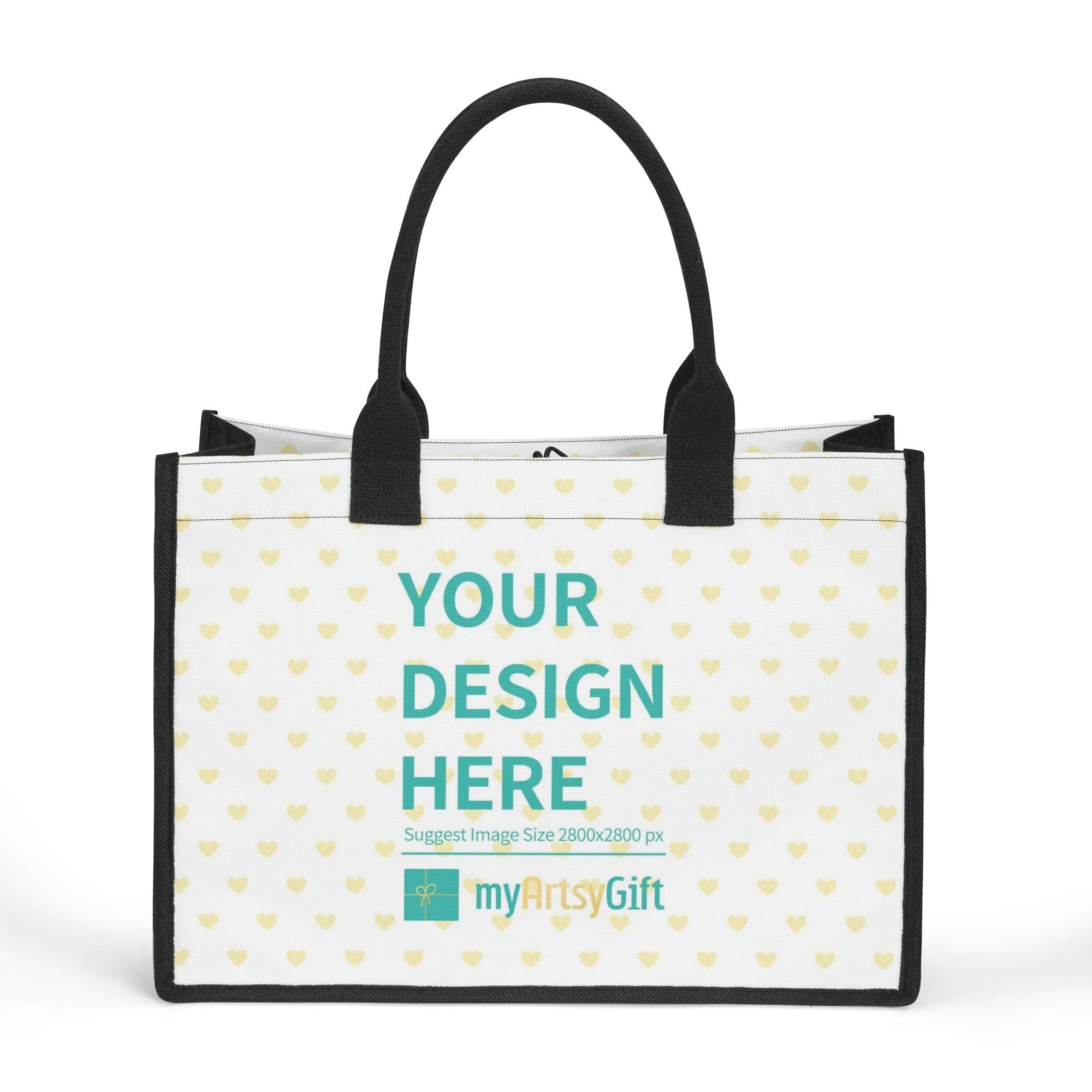 Customizable canvas tote bag with black handles and heart pattern, perfect for carrying and gifting