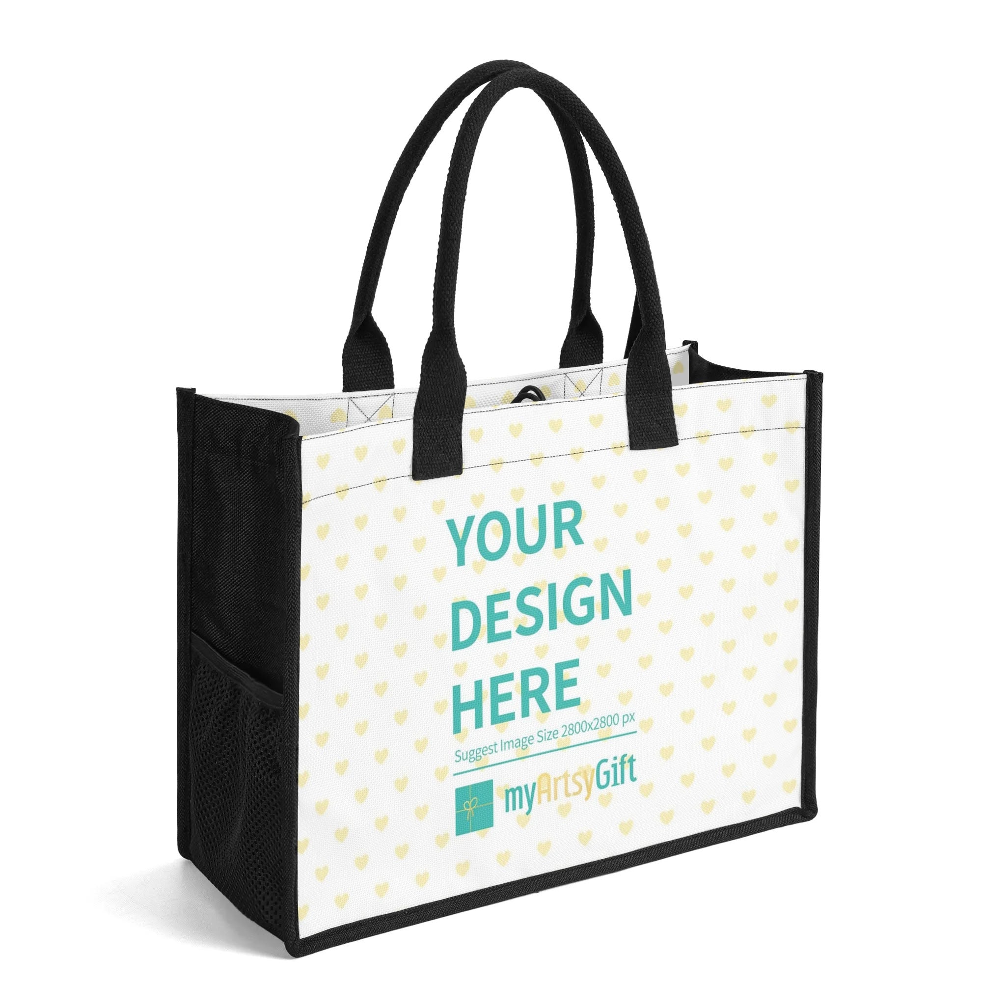 Customizable canvas tote bag with all-over heart pattern, black handles, and side pocket. Perfect gift from MyArtsyGift.