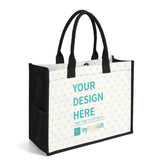 Customizable canvas tote bag with all-over heart pattern, black handles, and side pocket. Perfect gift from MyArtsyGift.