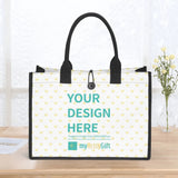 Customizable canvas tote bag with heart pattern, black handles, and 'Your Design Here' text from MyArtsyGift