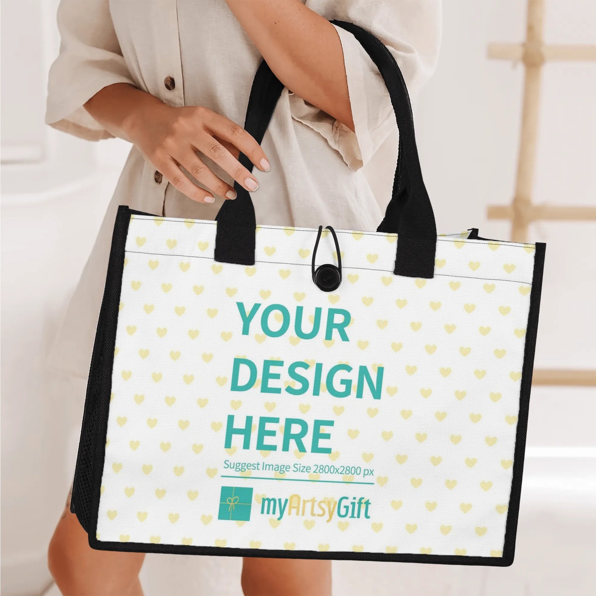 Customizable heart-patterned canvas tote bag, black handles, Your Design Here from MyArtsyGift. Shopping tote for women.