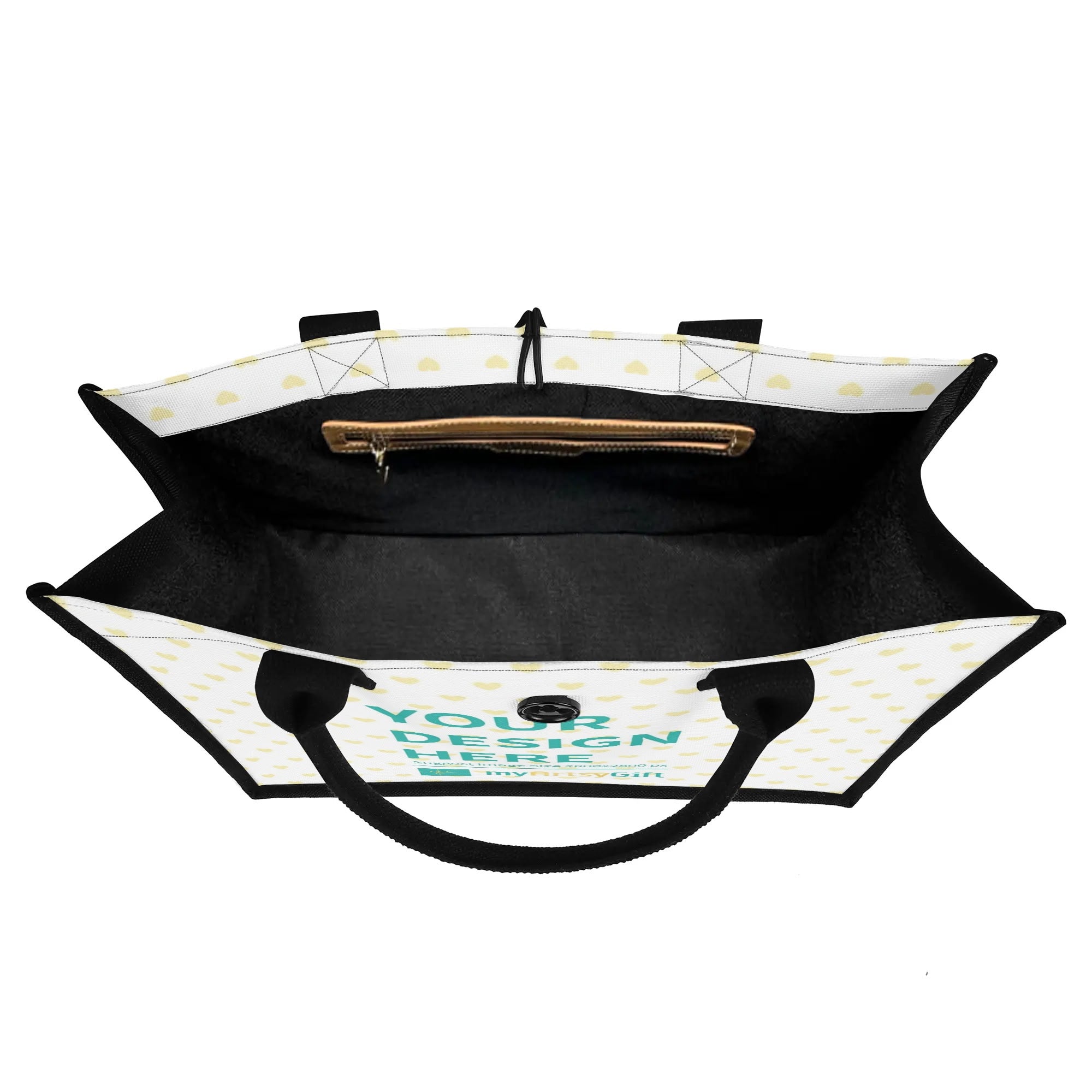 Customizable canvas tote bag with 'Your Design Here' text from MyArtsyGift. Premium all-over print tote bag for women.