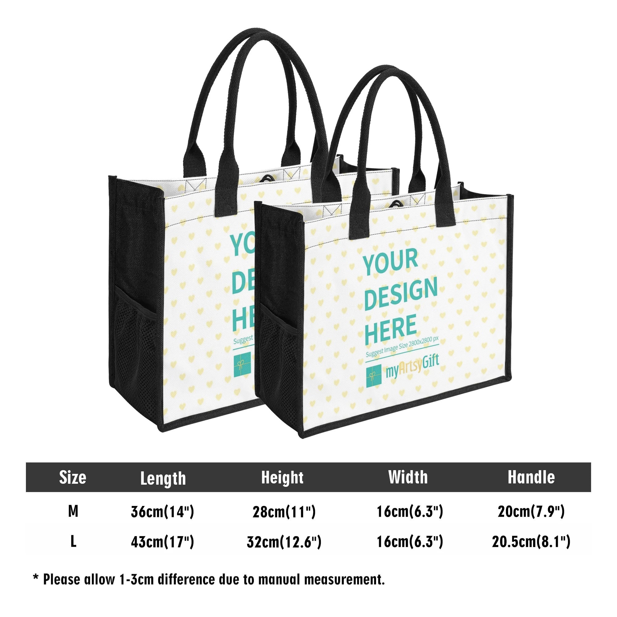 Custom canvas tote bag, heart pattern, black handles, 'Your Design Here' from MyArtsyGift. Women's shopping tote.
