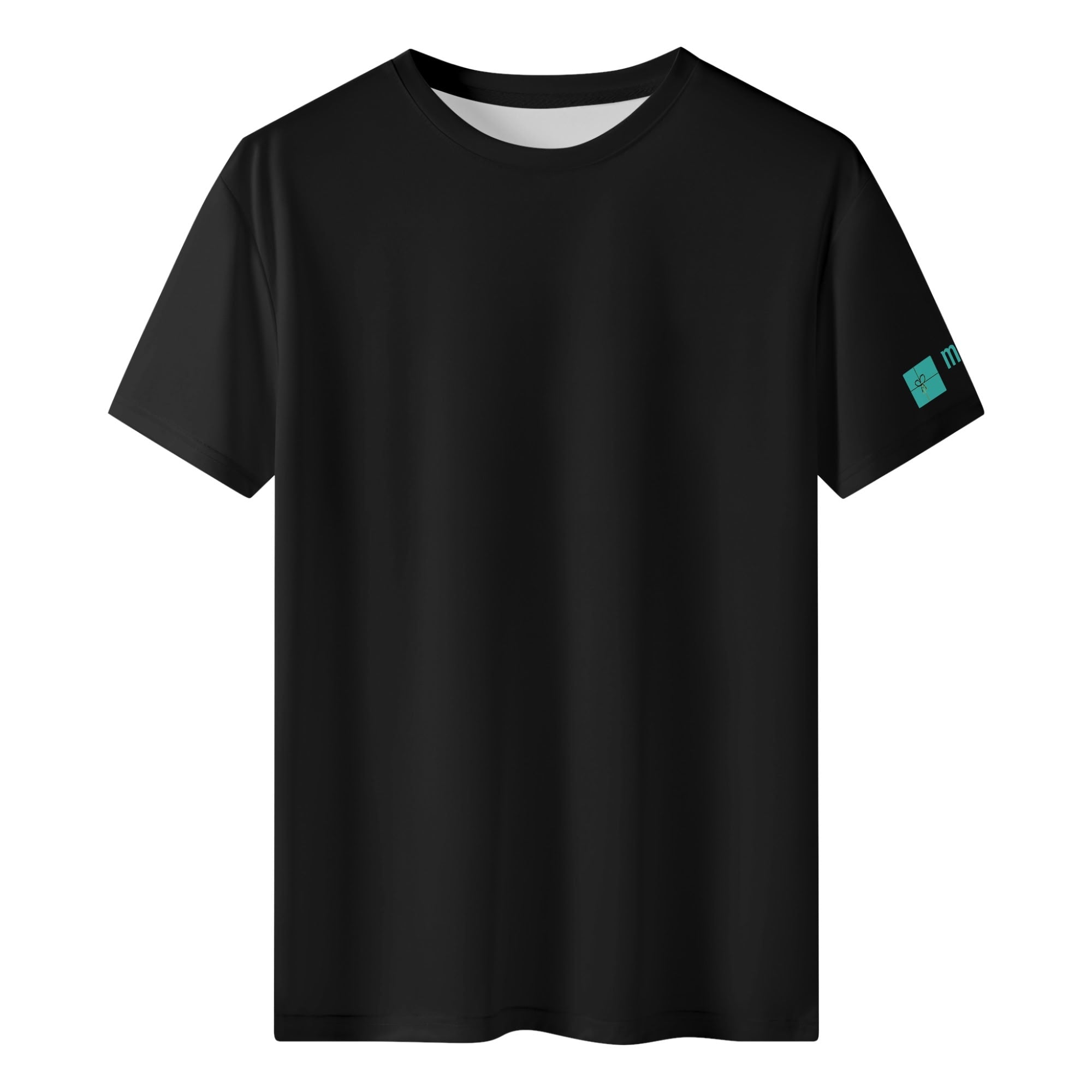 Black Men's T-Shirt with logo on sleeve. All over print. Polyester fabric. Comfortable and stylish.