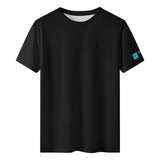 Black Men's T-Shirt with logo on sleeve. All over print. Polyester fabric. Comfortable and stylish.