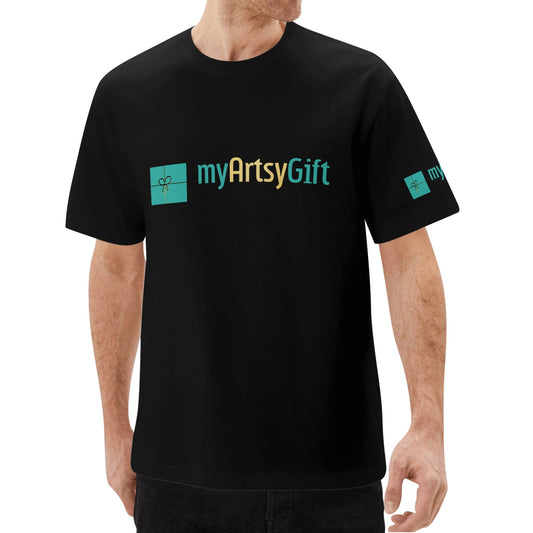 Black short sleeve t-shirt with myArtsyGift logo on the front