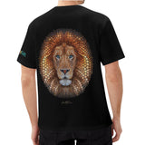 Black short sleeve t-shirt with a mosaic lion design, MyArtsyGift custom apparel.