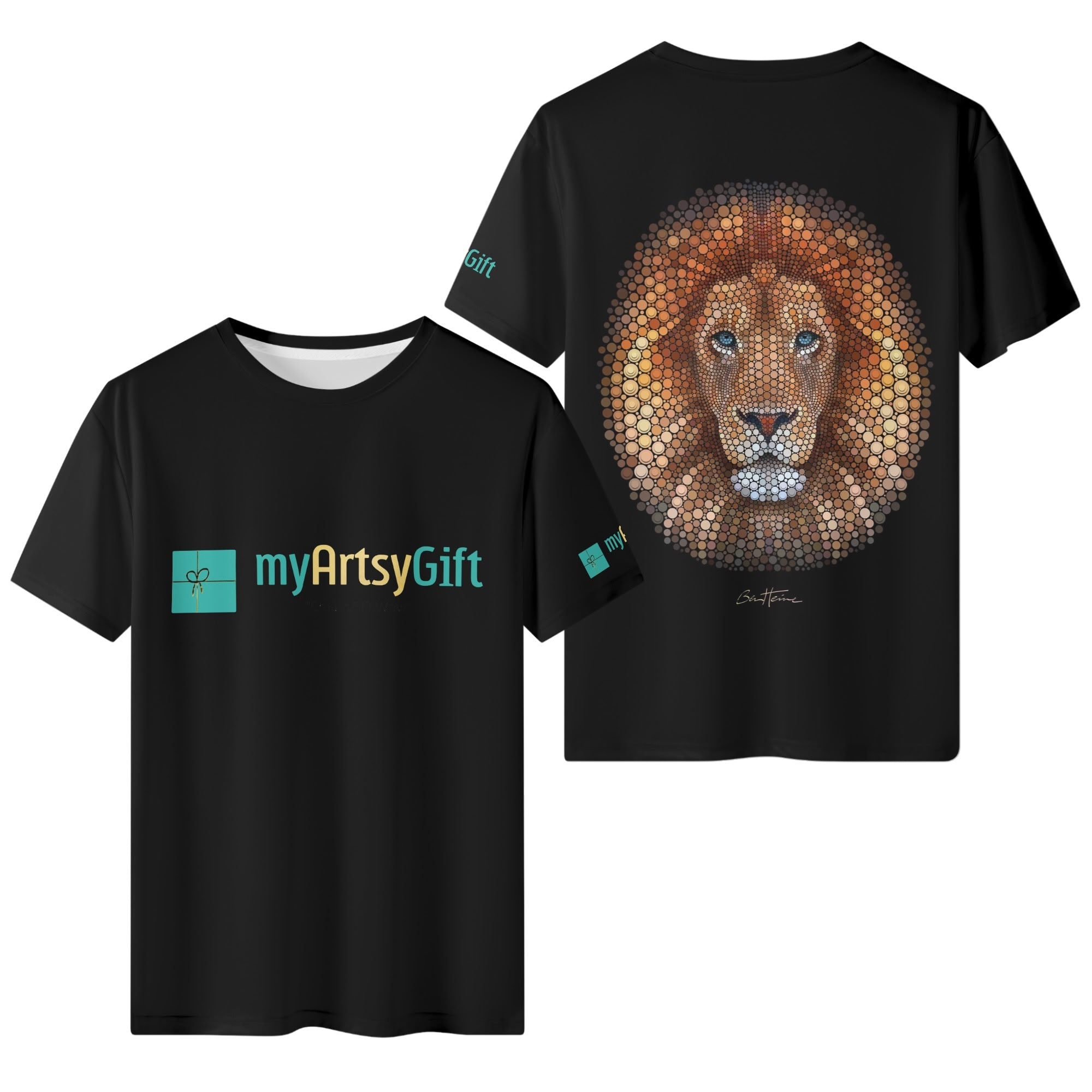 MyArtsyGift black t-shirt with lion design, front and back print, men's short sleeve shirt