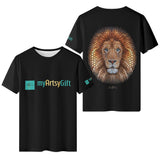 MyArtsyGift black t-shirt with lion design, front and back print, men's short sleeve shirt