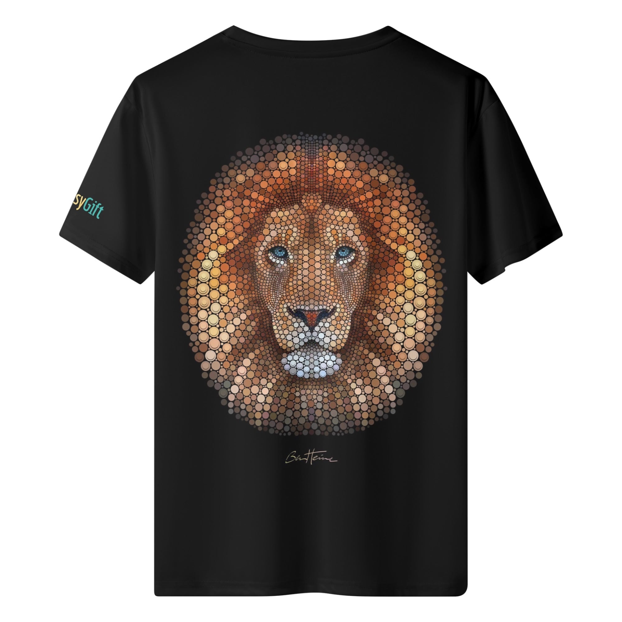Black men's short sleeve MyArtsyGift logo shirt featuring mosaic lion design