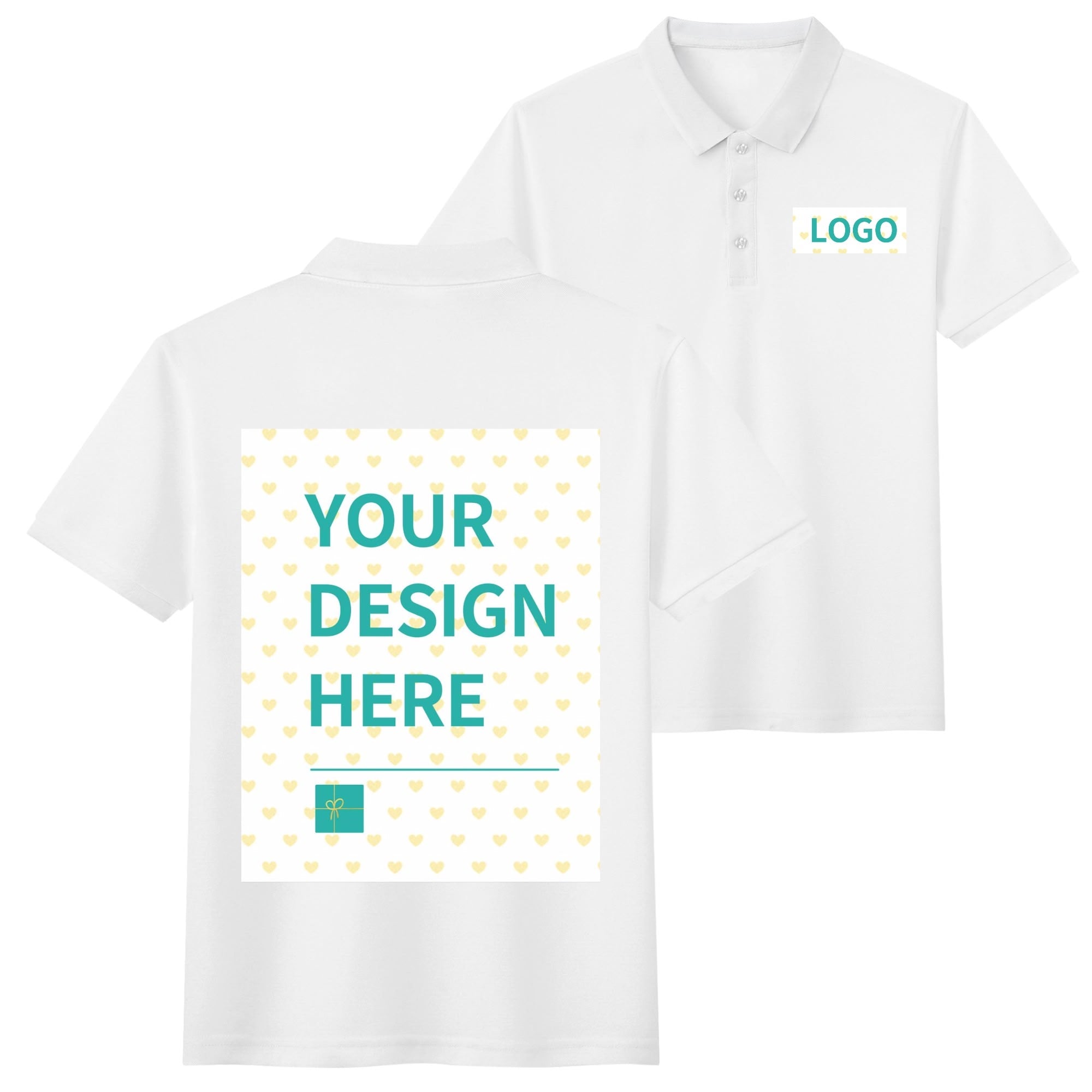 Customizable white cotton polo shirt with logo and design options. Casual golf shirt made of 100% cotton.
