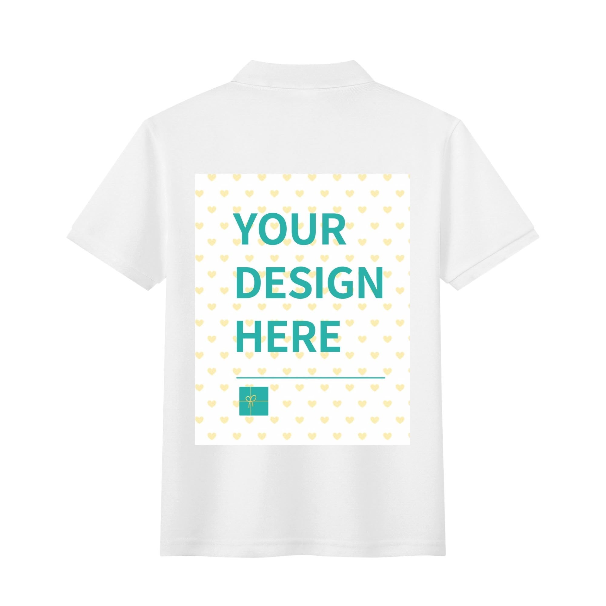 Customizable white cotton polo shirt with 'YOUR DESIGN HERE' text and heart design, casual golf shirt.