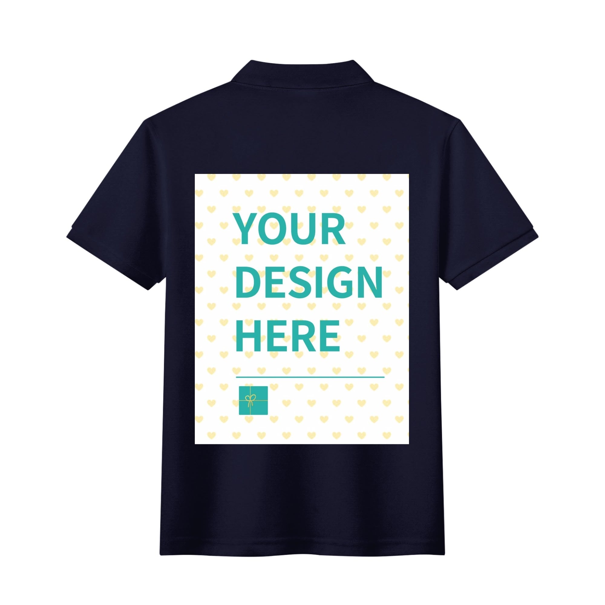 Customizable navy cotton polo shirt with 'YOUR DESIGN HERE' text and heart pattern design