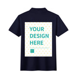 Customizable navy cotton polo shirt with 'YOUR DESIGN HERE' text and heart pattern design