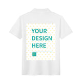 Customizable white cotton polo shirt with 'YOUR DESIGN HERE' text and heart pattern, casual golf shirt