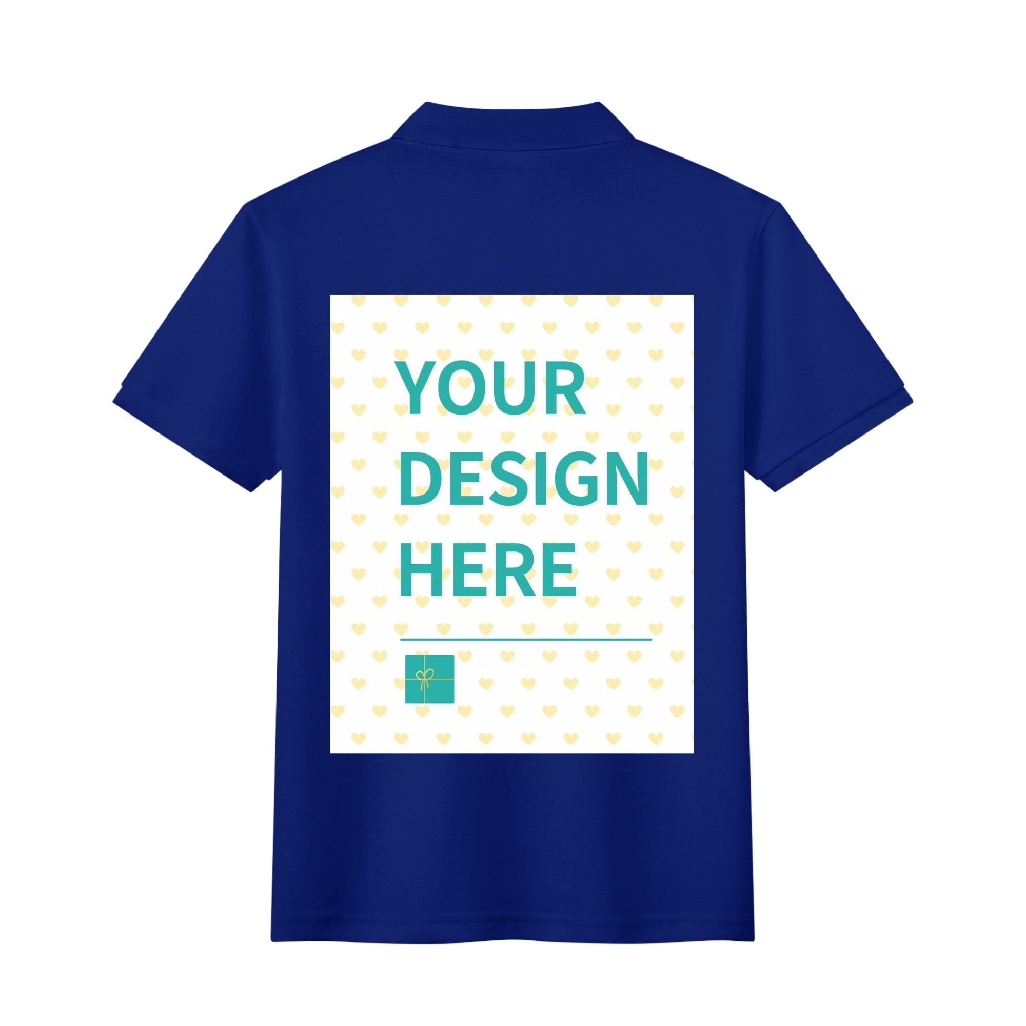 Customizable navy cotton polo shirt with 'YOUR DESIGN HERE' text and heart pattern design, unisex golf shirt