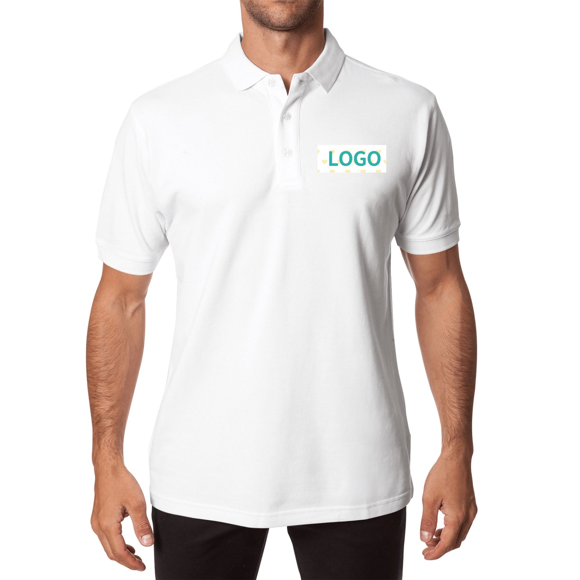 Customizable white cotton polo shirt with logo option, unisex casual golf shirt