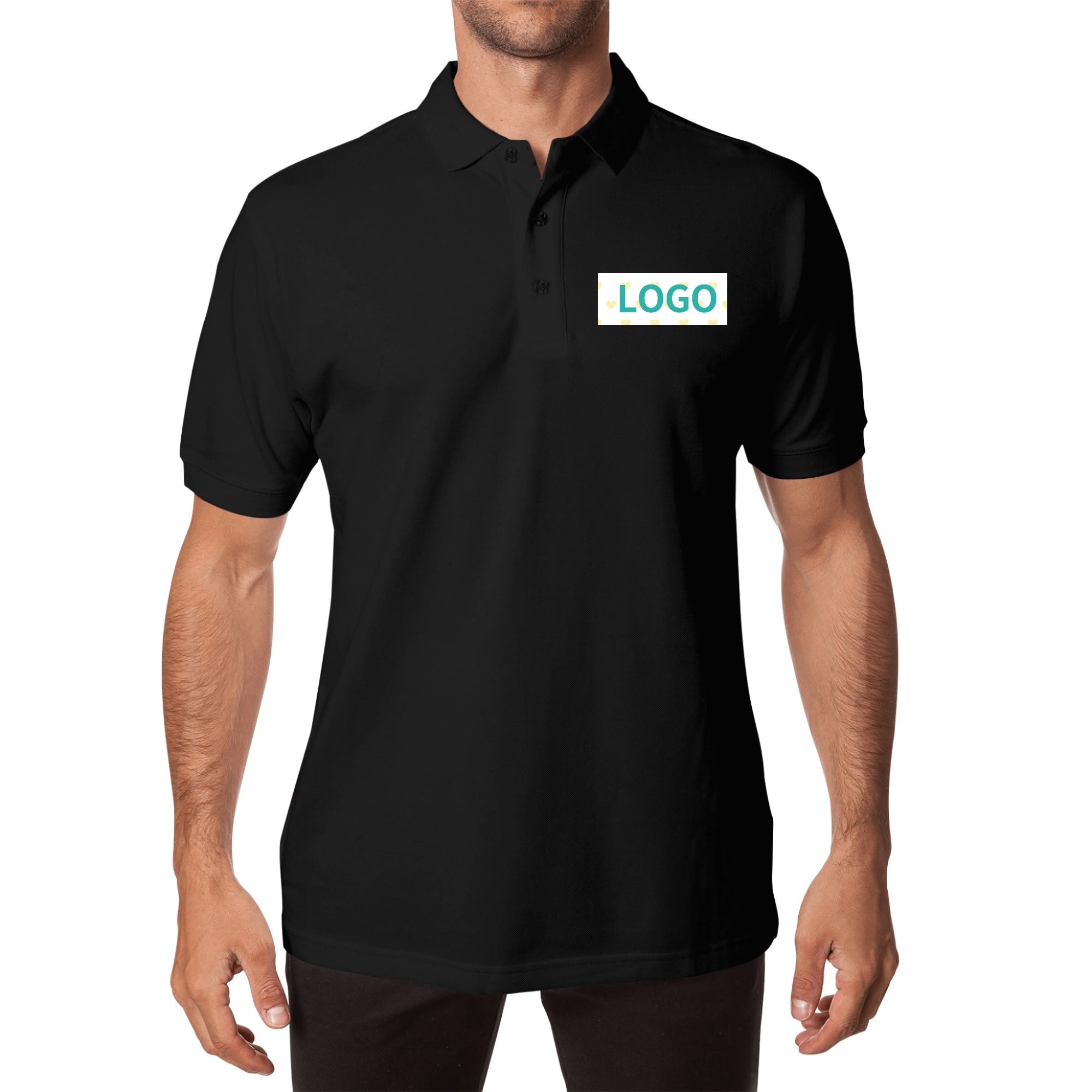 Black cotton polo shirt with 'LOGO' design option, unisex casual golf wear