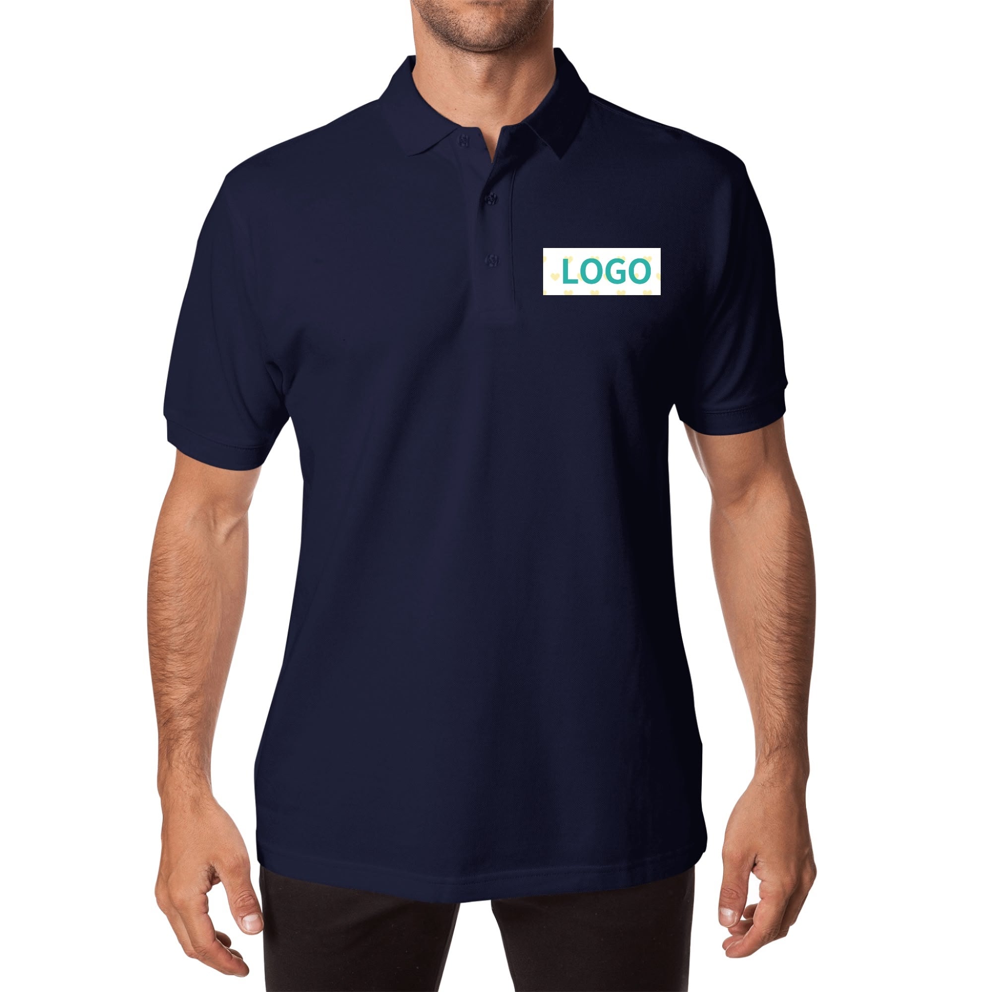 Navy blue cotton polo shirt with customizable logo, casual unisex golf wear.