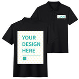 Customizable black cotton polo shirt with 'YOUR DESIGN HERE' and logo options, unisex casual golf shirt.