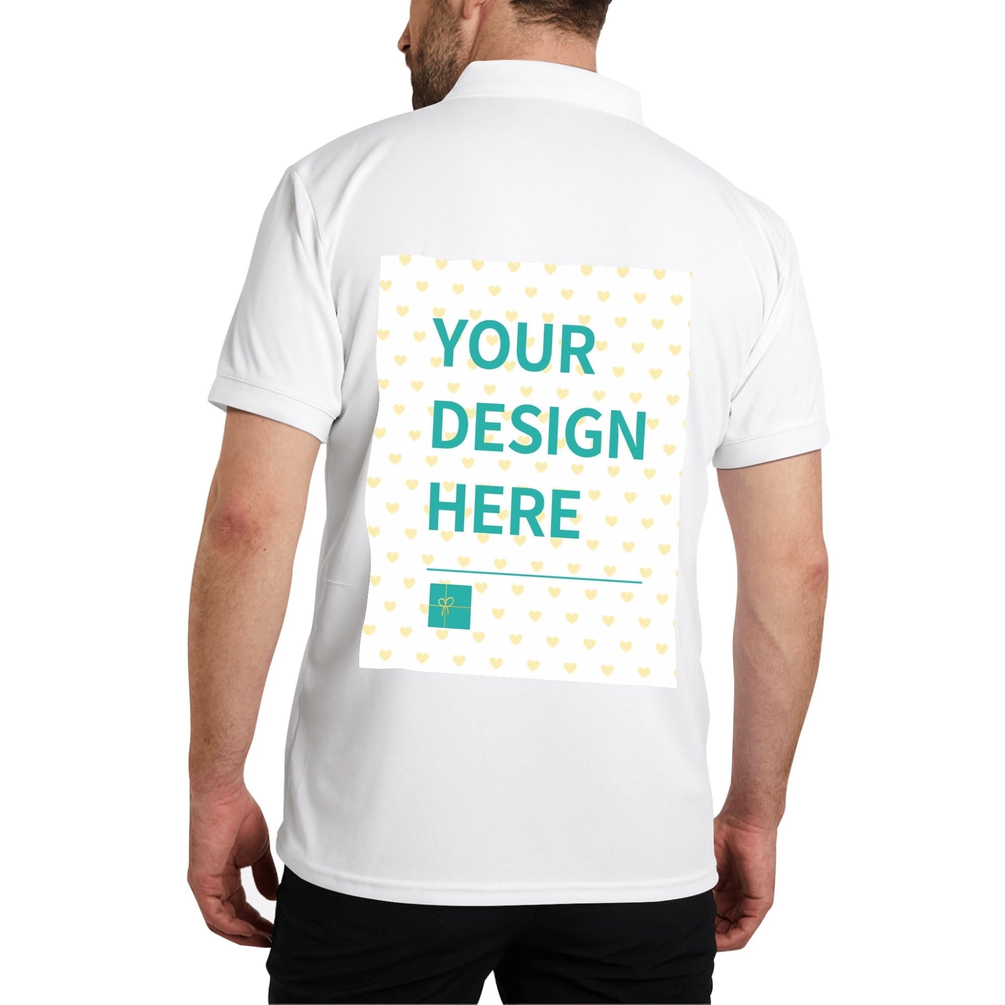 Customizable white cotton polo shirt with "YOUR DESIGN HERE" text and heart pattern for unisex casual golf wear