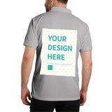 Customizable grey cotton polo shirt with 'YOUR DESIGN HERE' text and heart pattern, casual golf wear.