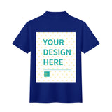 Navy blue custom polo shirt with 'YOUR DESIGN HERE' print, cotton golf shirt, for personalization.