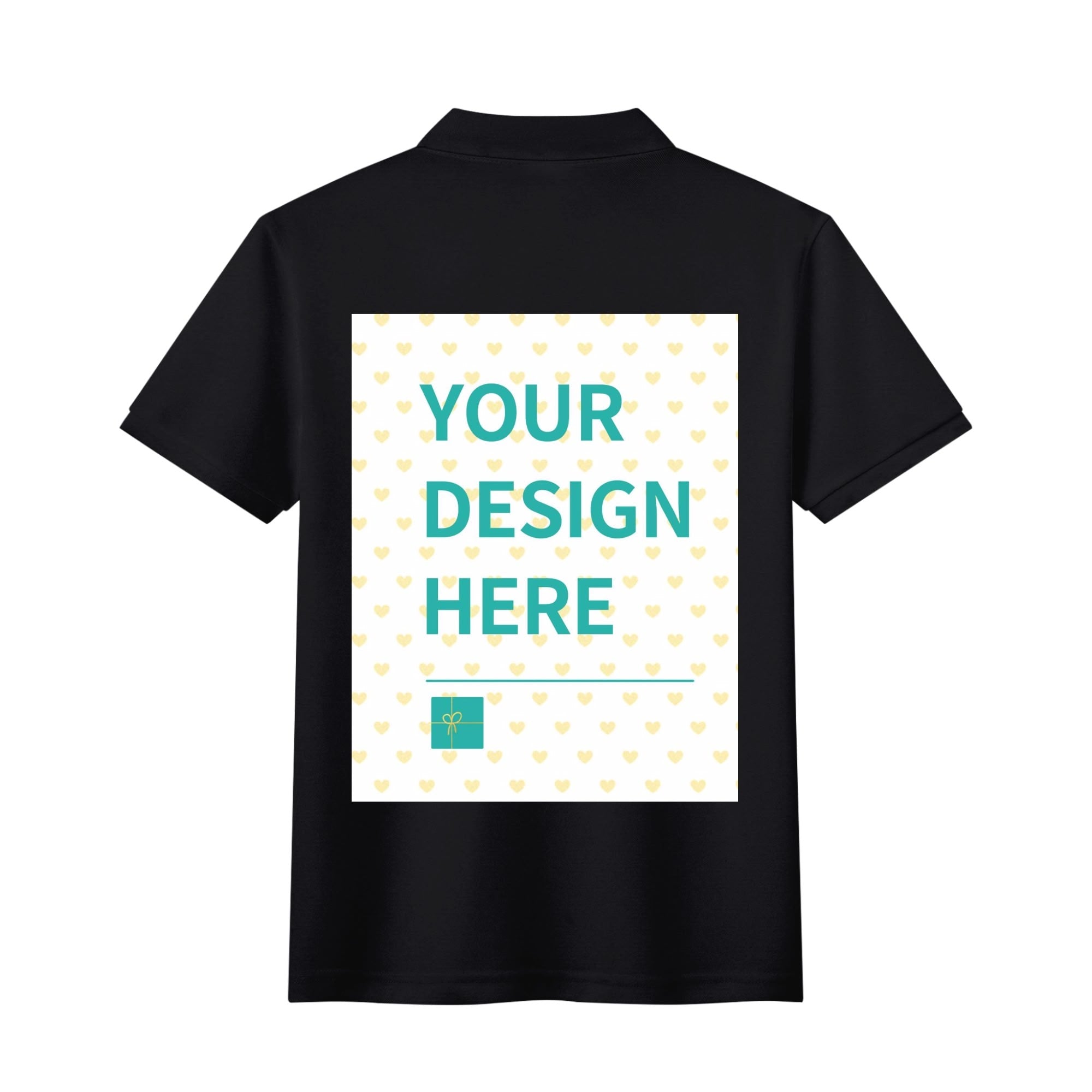 Custom black unisex cotton polo shirt with "YOUR DESIGN HERE" print, perfect for personalization and casual wear.