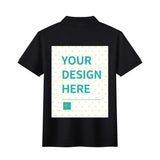 Custom black unisex cotton polo shirt with "YOUR DESIGN HERE" print, perfect for personalization and casual wear.
