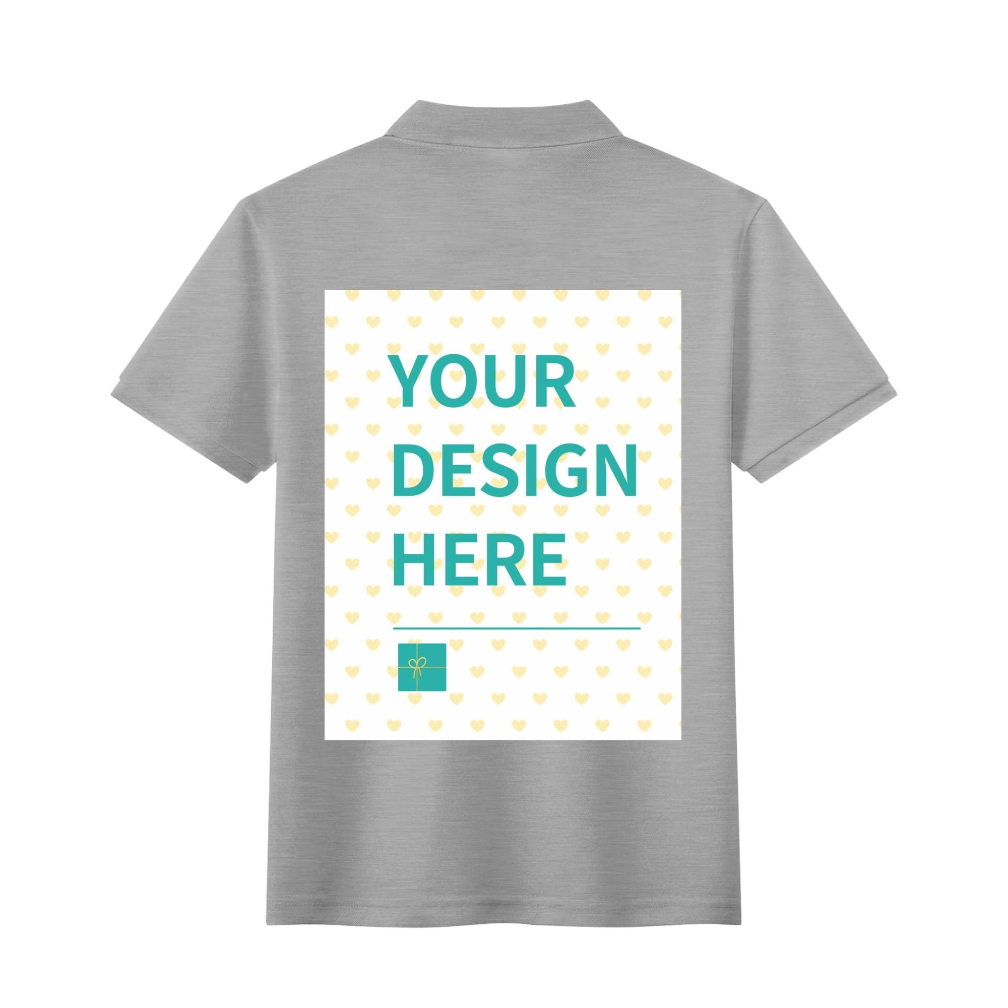 Custom gray unisex cotton polo shirt with 'YOUR DESIGN HERE' print, personalized golf shirt.