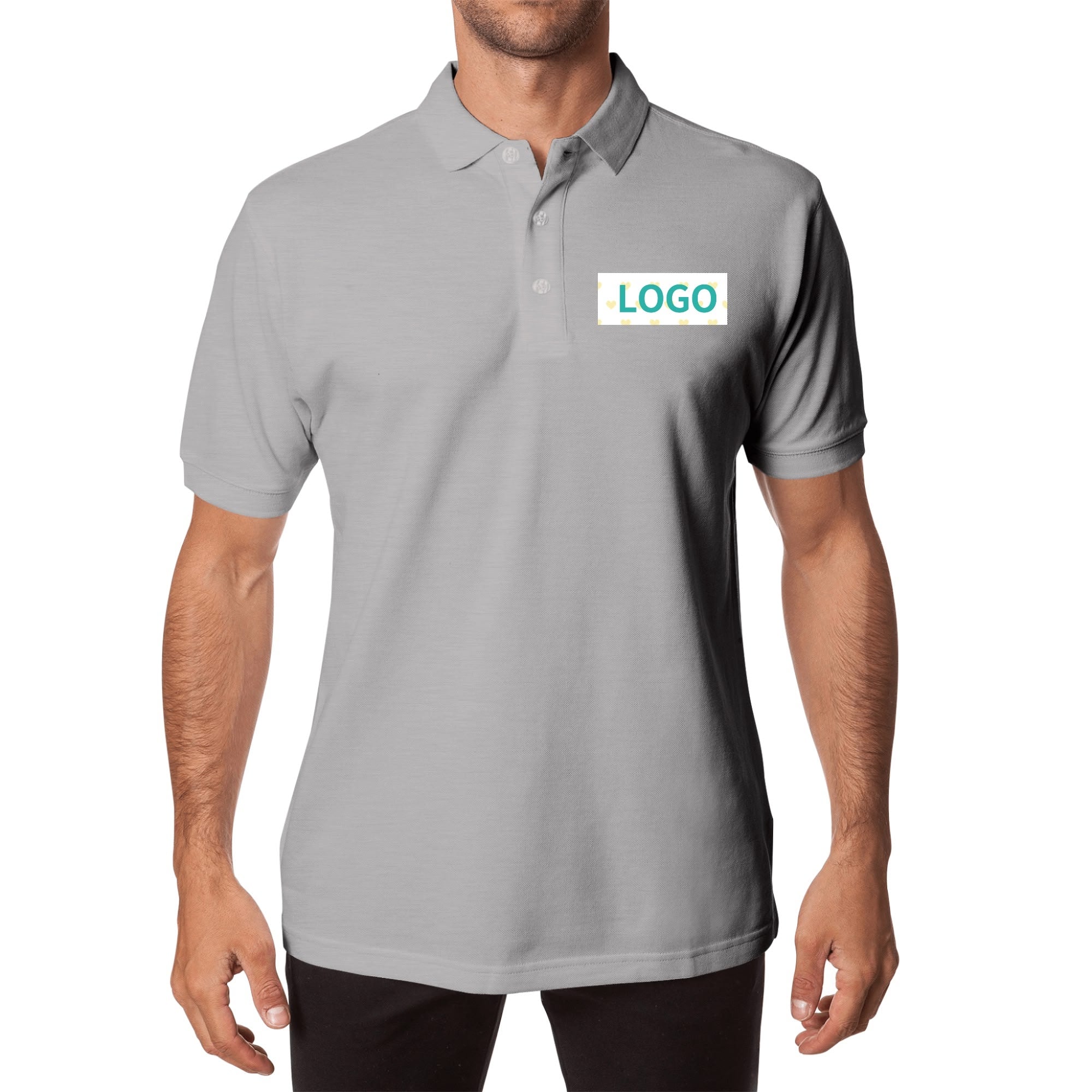 Gray cotton polo shirt with 'LOGO' print, short sleeve casual golf shirt.