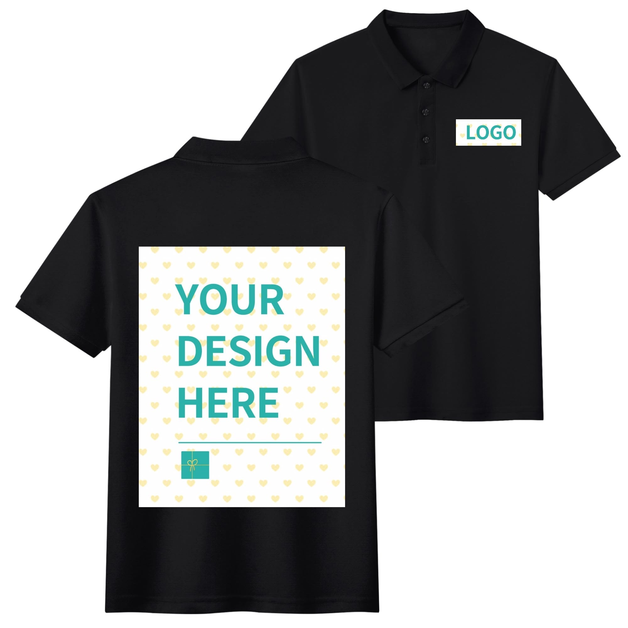Black custom cotton polo shirt with 'YOUR DESIGN HERE' and 'LOGO', perfect for casual wear and golf