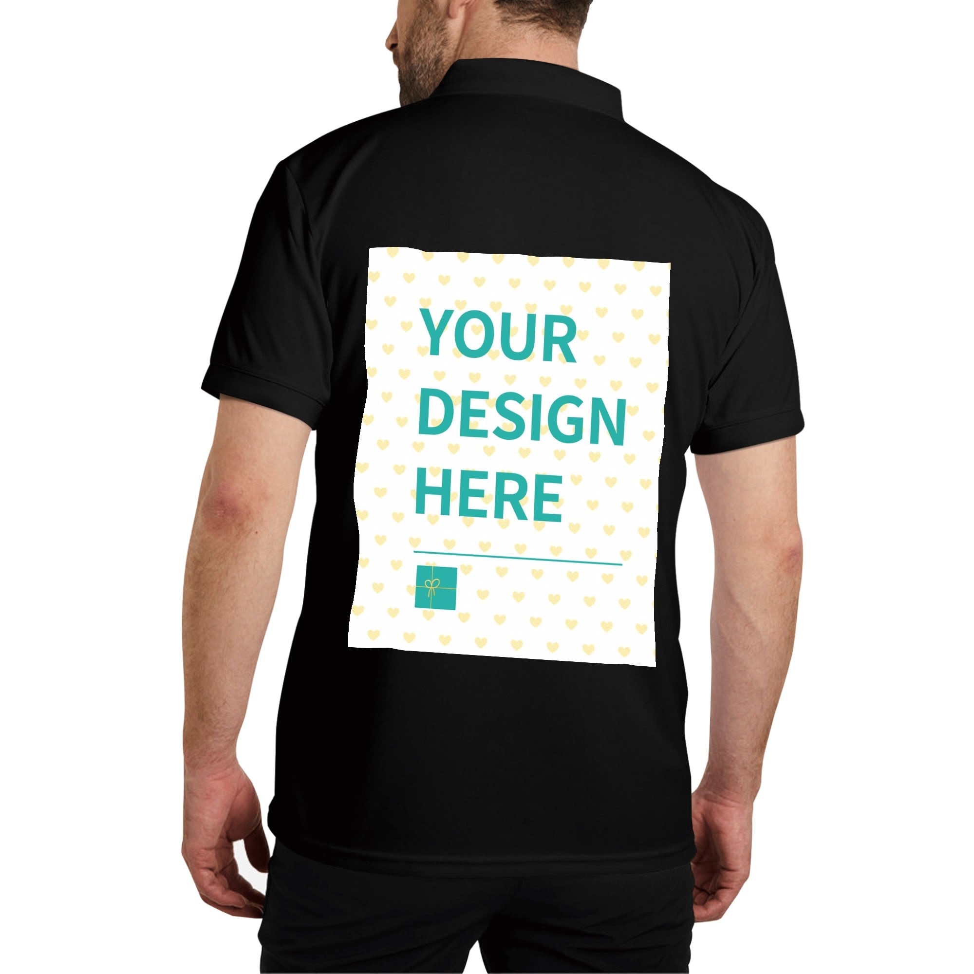 Black custom polo shirt with 'YOUR DESIGN HERE' print, cotton golf shirt for personalization