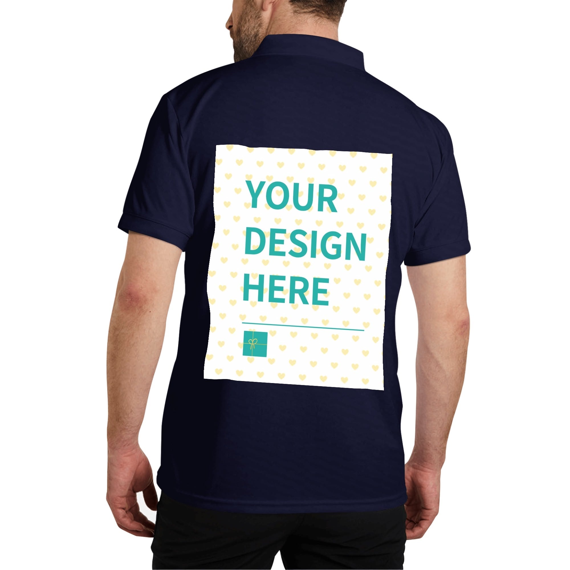 Custom navy blue polo shirt with "YOUR DESIGN HERE" print, cotton golf shirt for personalization.