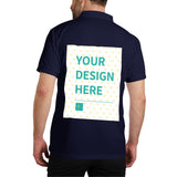 Custom navy blue polo shirt with "YOUR DESIGN HERE" print, cotton golf shirt for personalization.