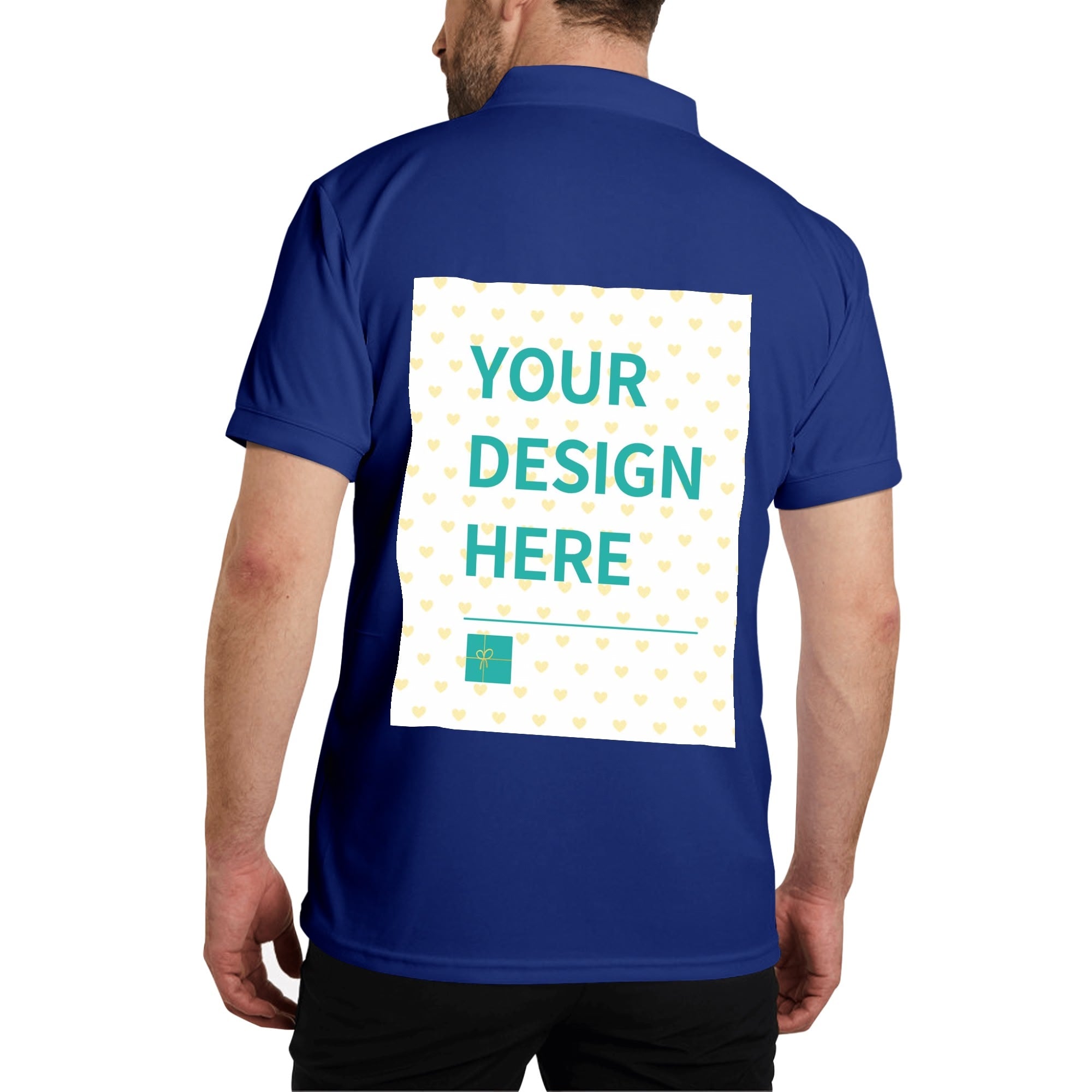 Navy blue custom polo shirt with 'YOUR DESIGN HERE' print, cotton golf shirt for personalization.