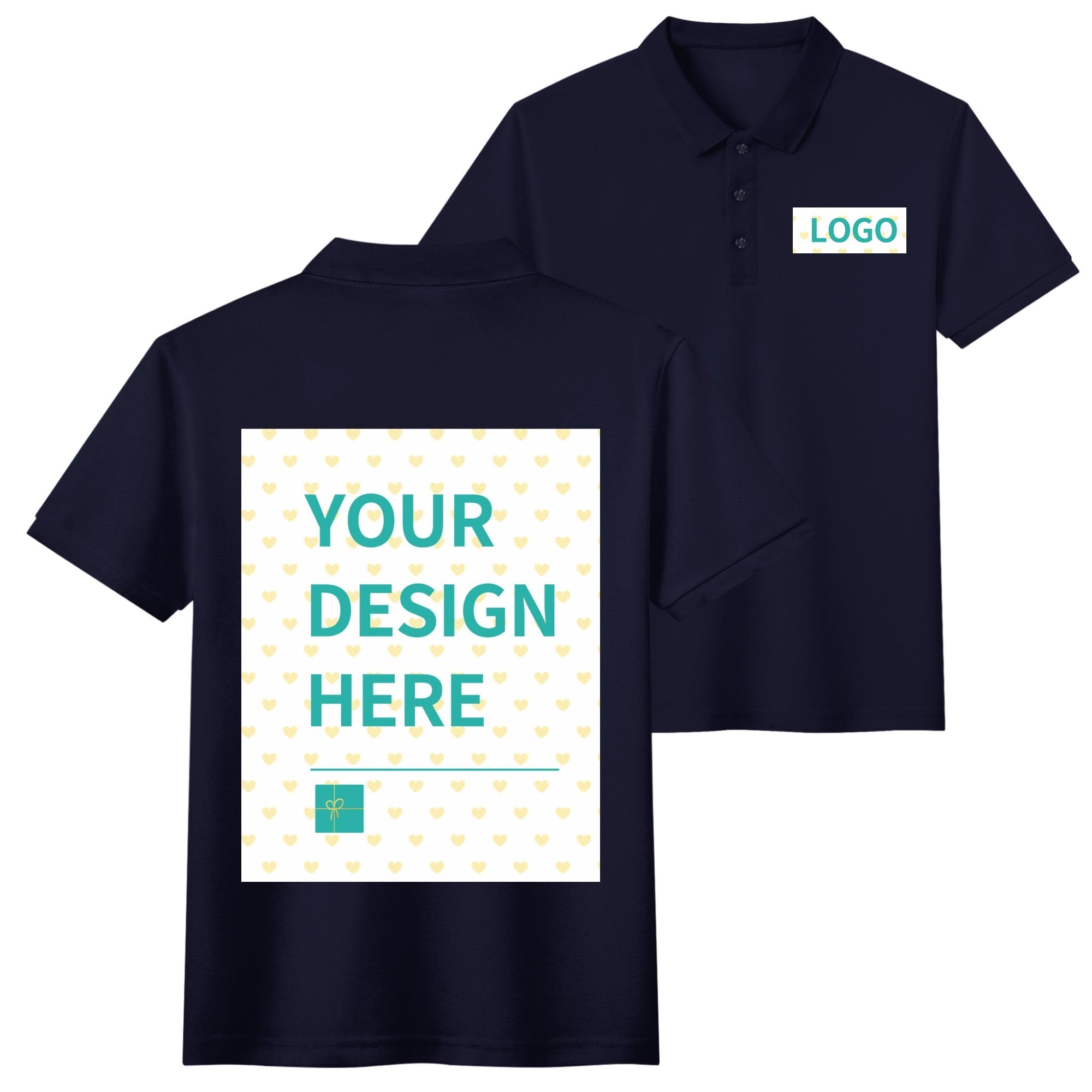 Custom navy blue short sleeve cotton polo shirt with 'YOUR DESIGN HERE' print, casual and golf shirt.